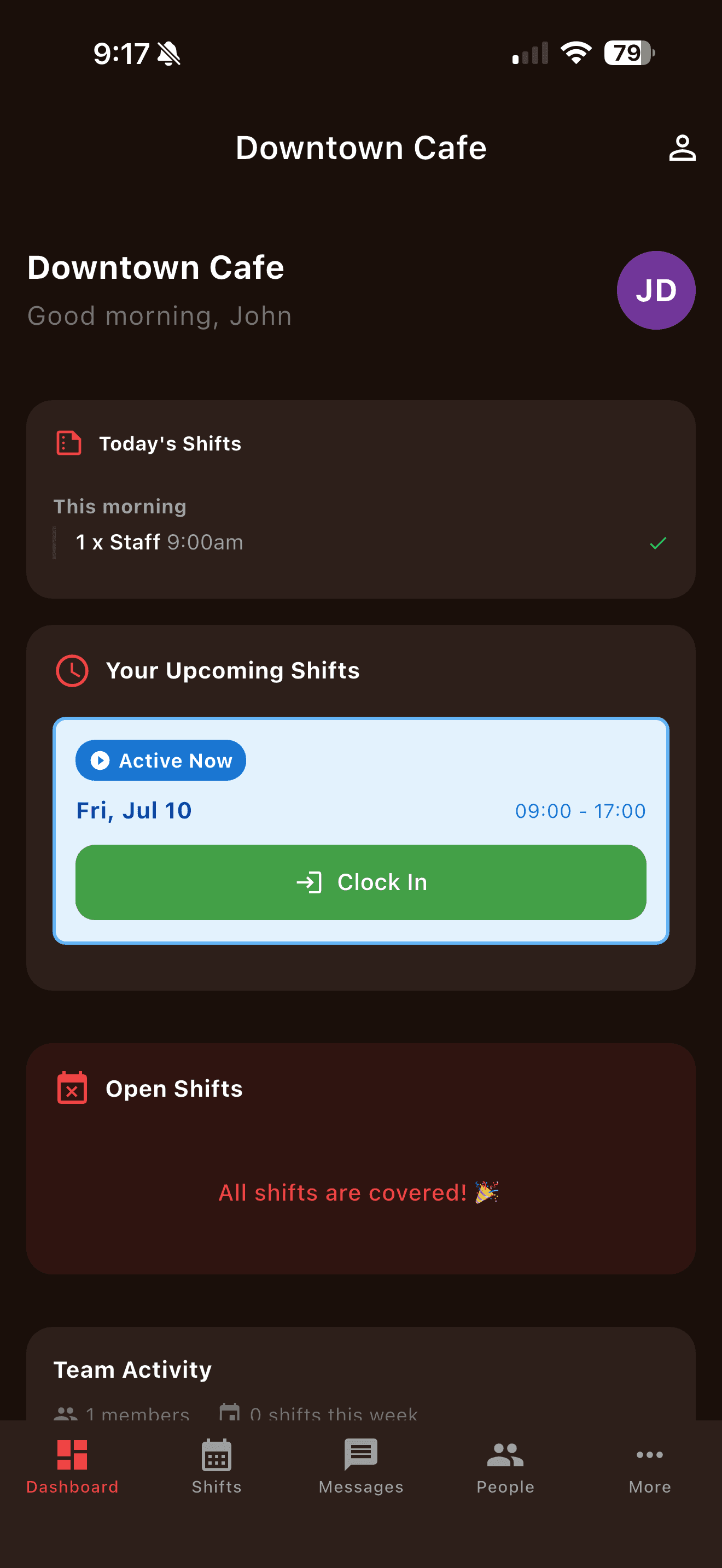 The Rosterix app dashboard — today's shifts, who's clocked in, and an Active Now status for the current shift