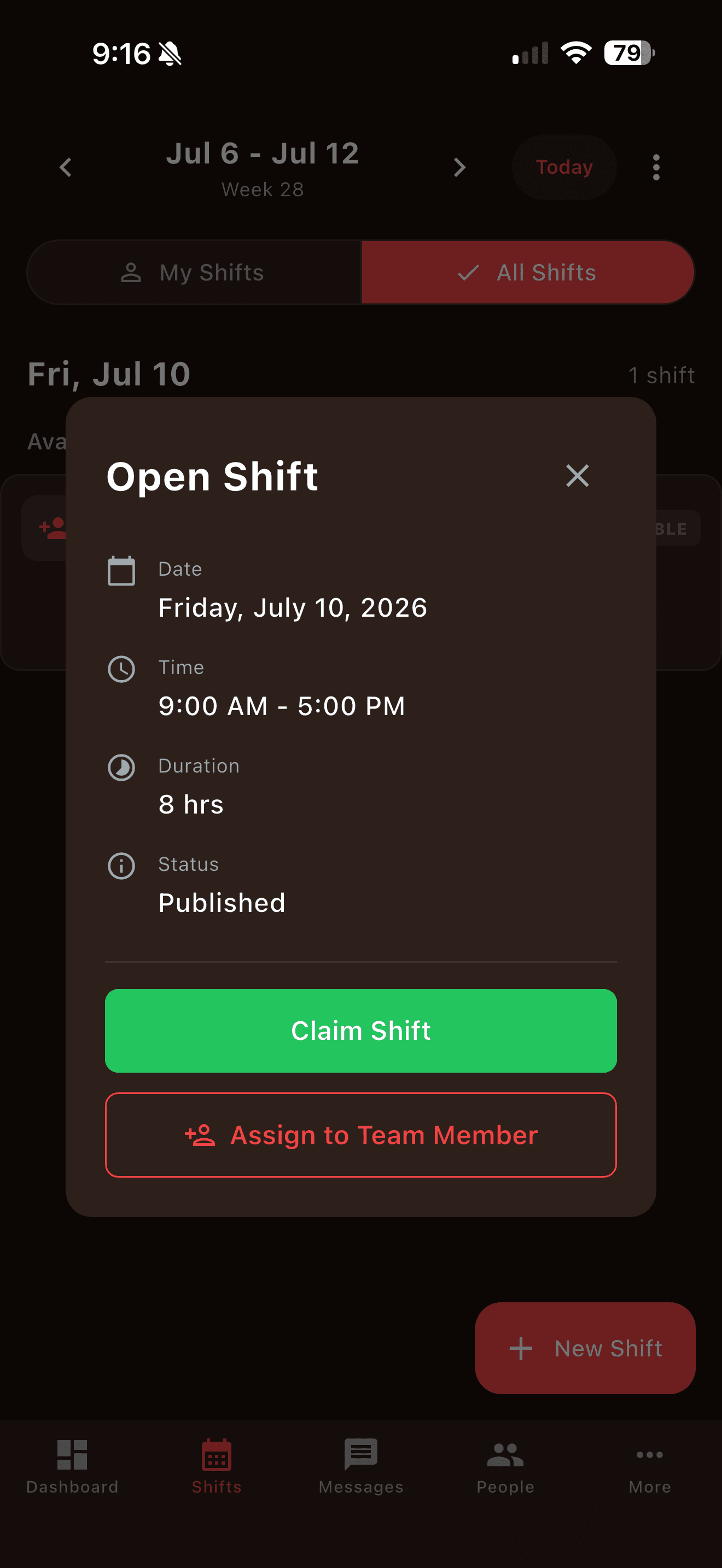 Rosterix shifts view with an open shift being claimed — showing date, time, duration and a Claim Shift button
