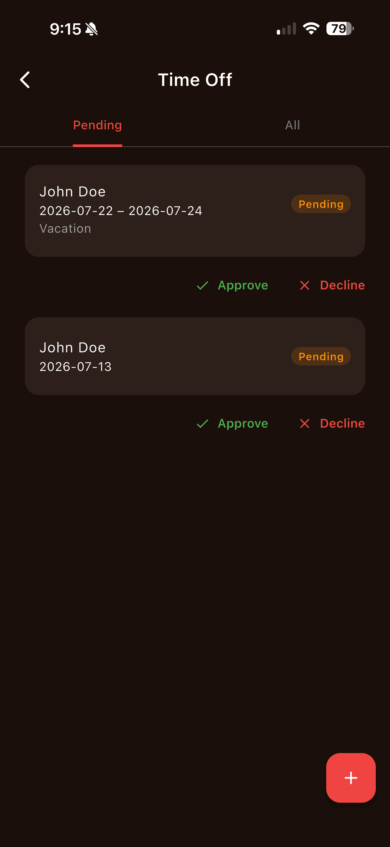 Rosterix time-off screen showing pending requests with Approve and Decline actions