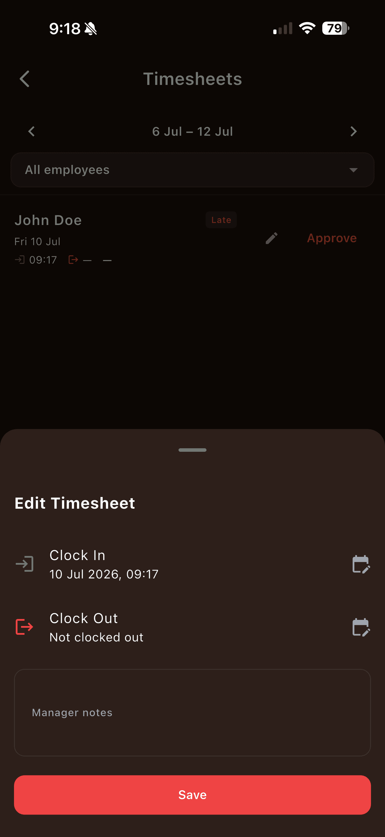 Rosterix timesheets screen showing a clock-in time, a late flag, and an editable timesheet